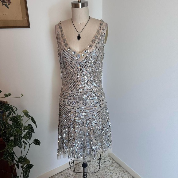 Vintage 1920s style Free people silver sequin beaded short dress drop waist XS - Picture 2 of 8